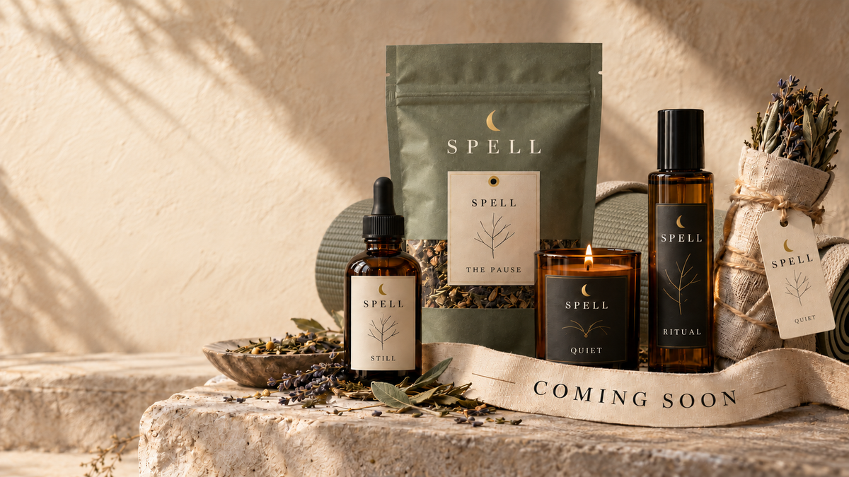 SPELL Apothecary coming-soon product collection with tea, ritual goods, botanicals, and a rolled sage yoga mat